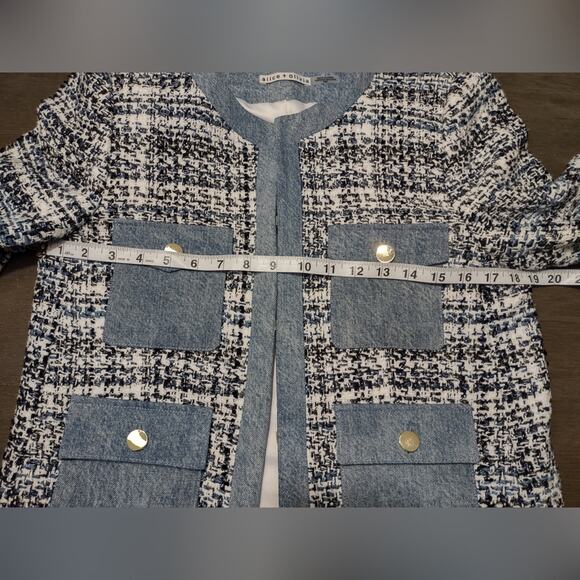 Alice + Olivia Avis Blue Tweed Denim Jean Combo Patch jacket Size Medium - Picture 8 of 16